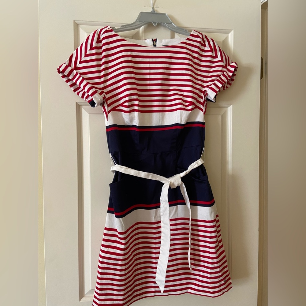 Red, white and blue striped short dress with white tie belt